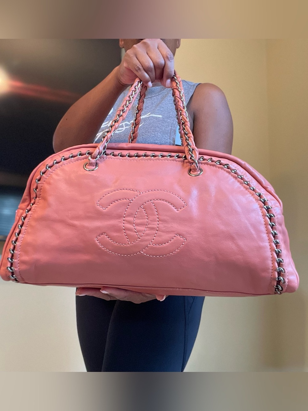 CHANEL Coral Leather Double C Shoulder Bag